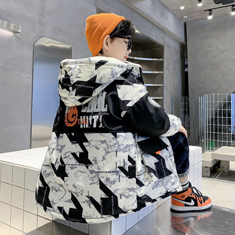 Boys' Thickened Velvet Cotton Clothes Medium And Large Children Camouflage Parka - Image 3