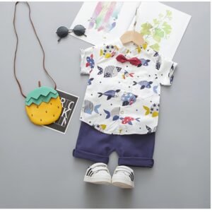 Fashion Toddler Infant Baby Kids Boys Short Sleeve Cartoon Printed Bow Tie Shirt Tops Solid Shorts Gentlement Outfits Set # p4