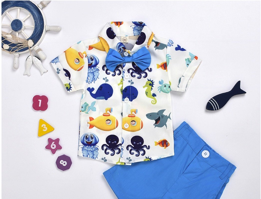 Fashion Toddler Infant Baby Kids Boys Short Sleeve Cartoon Printed Bow Tie Shirt Tops Solid Shorts Gentlement Outfits Set # p4 - Image 2