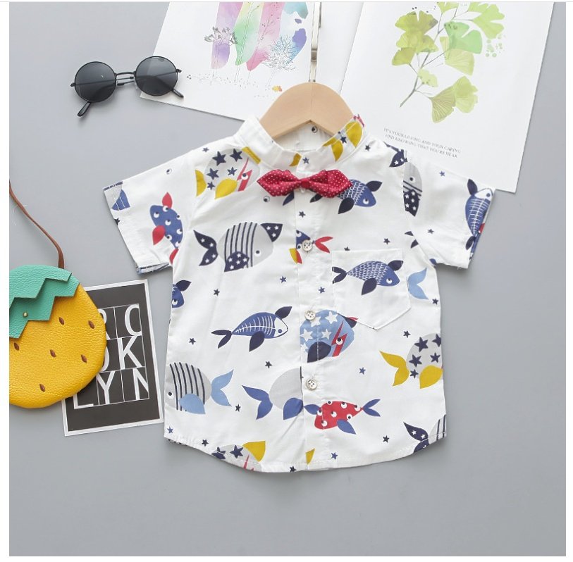 Fashion Toddler Infant Baby Kids Boys Short Sleeve Cartoon Printed Bow Tie Shirt Tops Solid Shorts Gentlement Outfits Set # p4 - Image 4