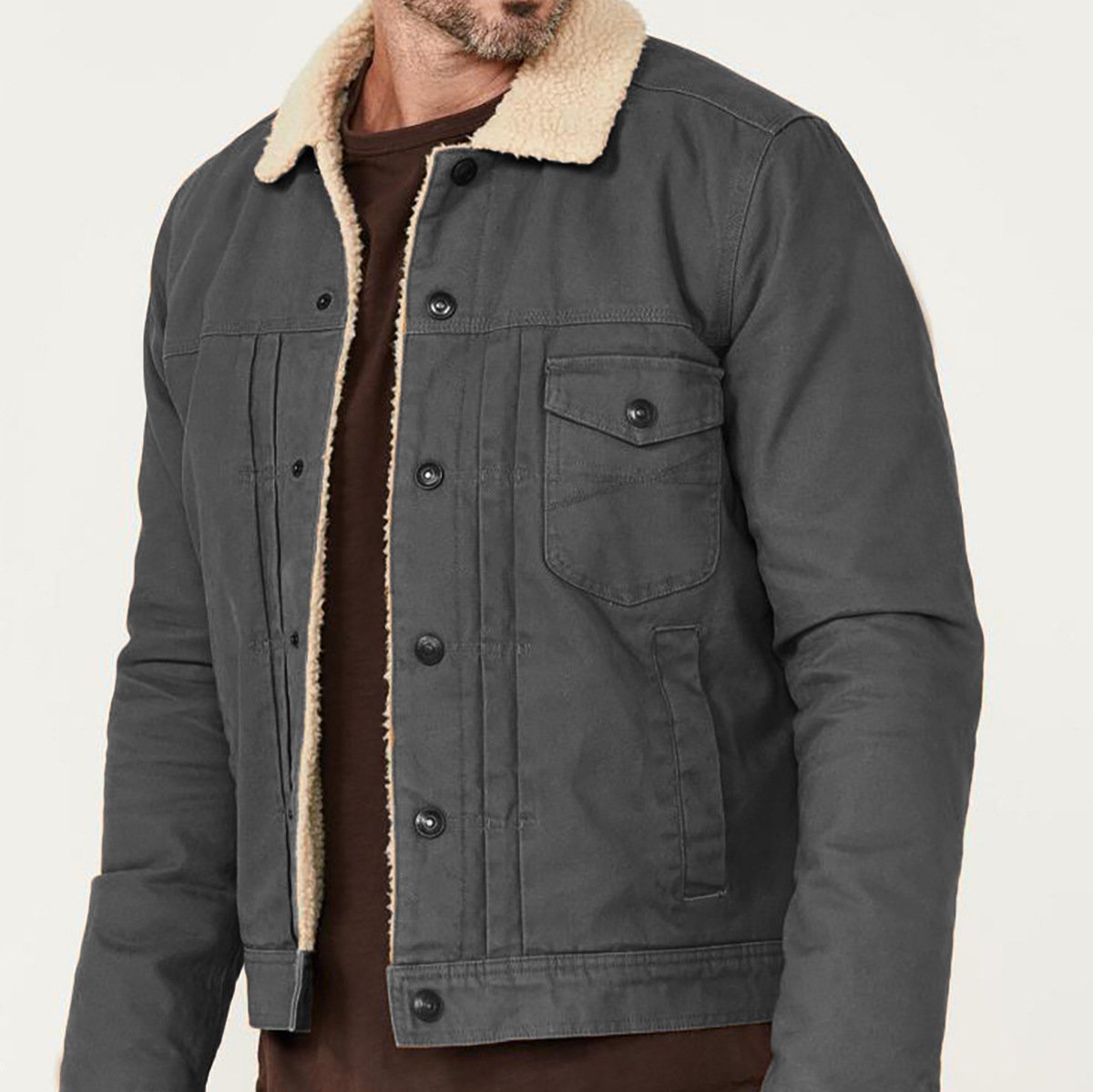 Men's Coat Fleece Padded Coat Fur Collar Single-breasted Multi-pocket - Image 4