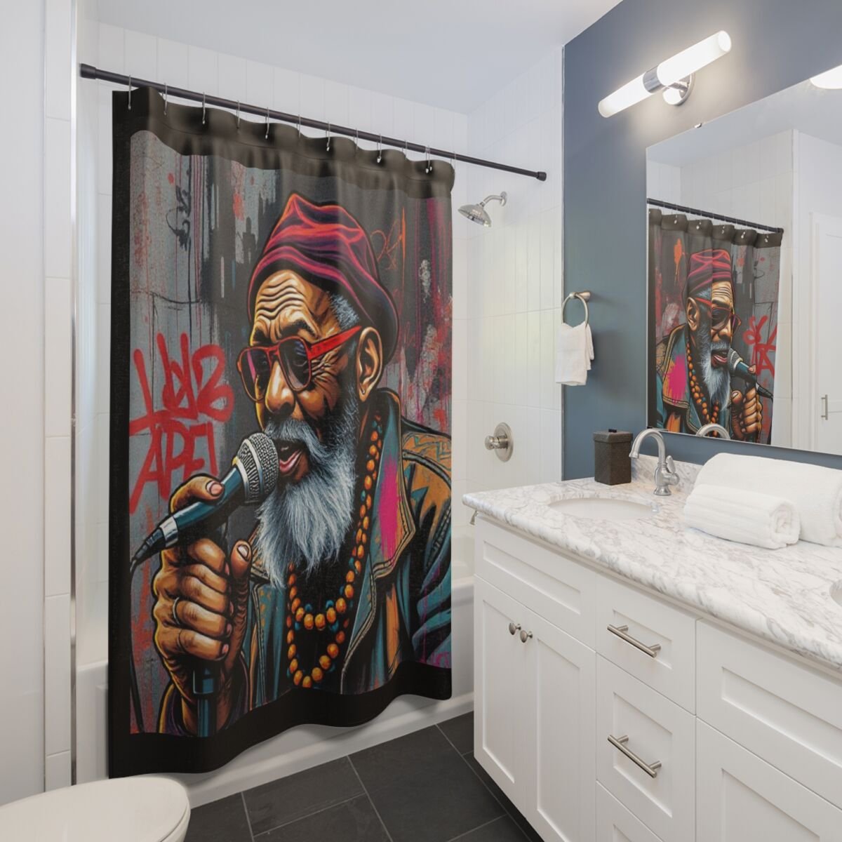 Shower Curtains - Cartoon Ethnic Graffiti Art - Image 3