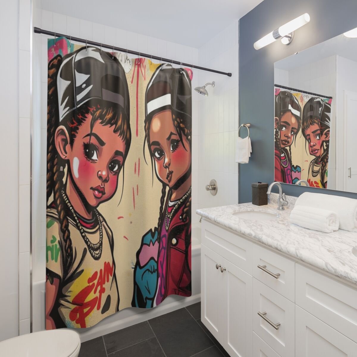 Shower Curtains - Cartoon Ethnic Graffiti Art - Image 3