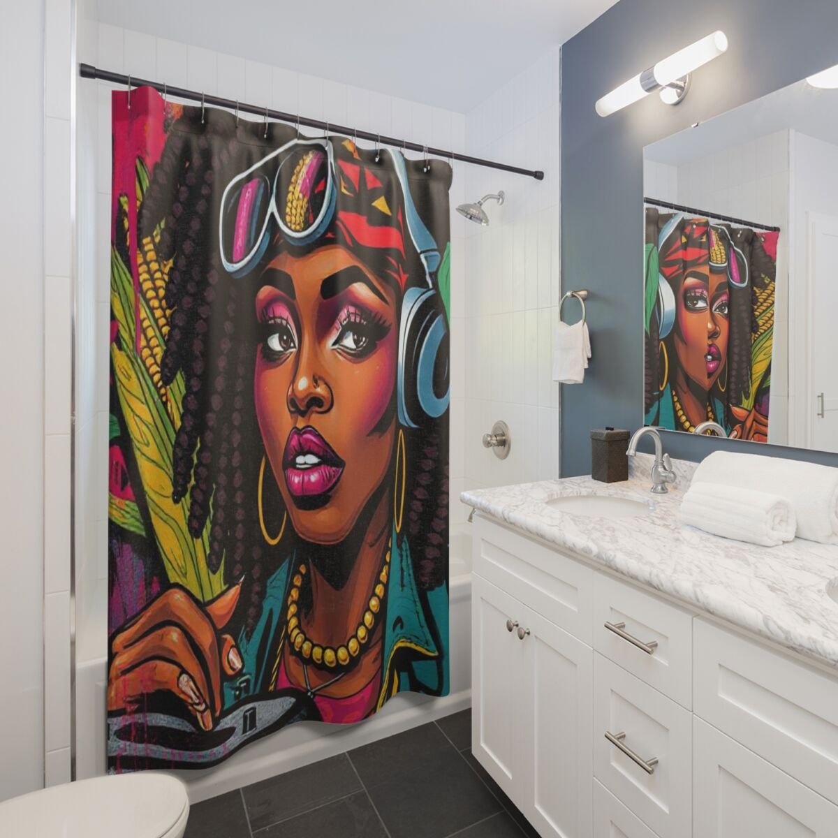 Shower Curtains - Cartoon Ethnic Graffiti Art - Image 3
