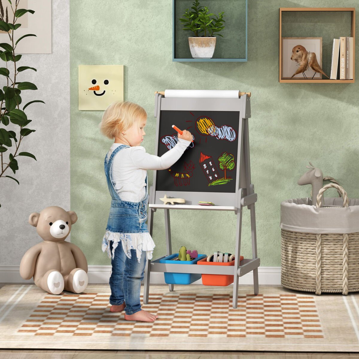 Art Easel For Kids With Paper Roll, Double-Sided Painting Easel With Chalkboard, Whiteboard - Image 3