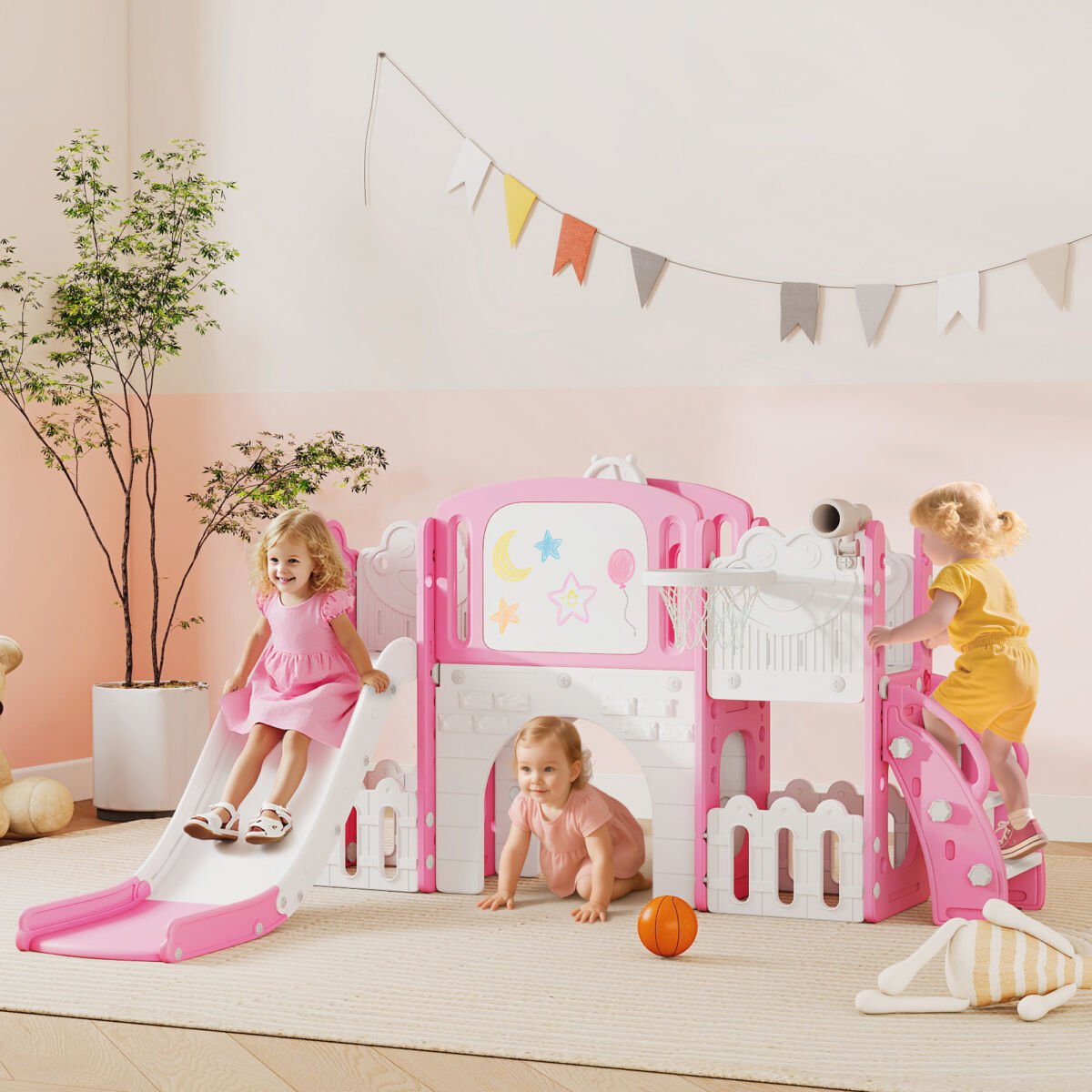 7 In 1 Toddler Slide Set With Basketball Hoop, Climbing Frame, Telescope, Drawing Board, Storage Box, Pink - Image 5