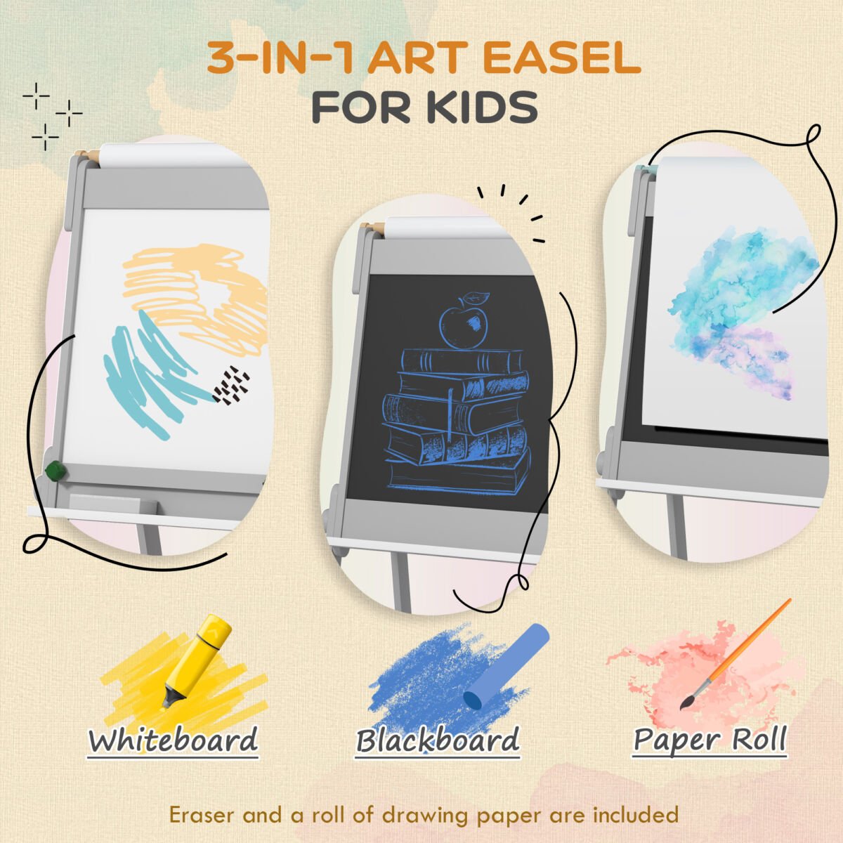 Art Easel For Kids With Paper Roll, Double-Sided Painting Easel With Chalkboard, Whiteboard - Image 5