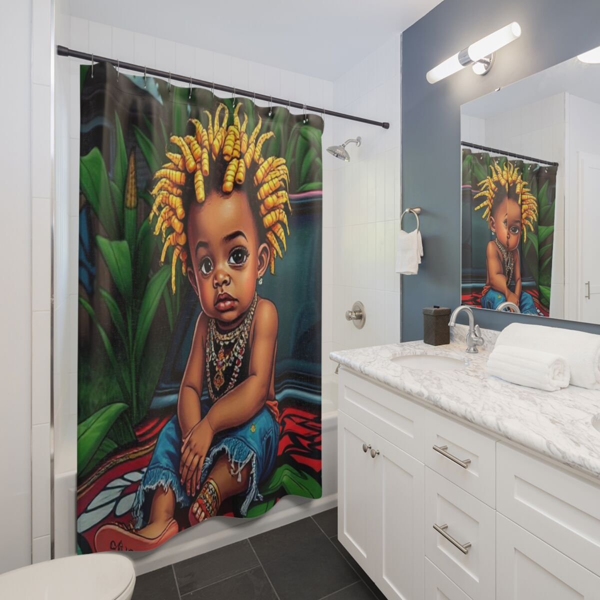 Shower Curtains - Cartoon Ethnic Graffiti Art - Image 3