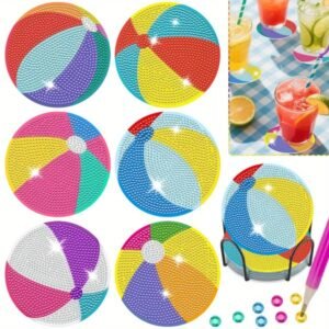 6 Pack Beach Balls Rhinestones Art Painting Coaster Kit Summer Holiday DIY Rhinestones Painting Coasters With Holder Cute Non Slip Coaster Art Supplies For Adults Cup Mat For House Warming Gifts
