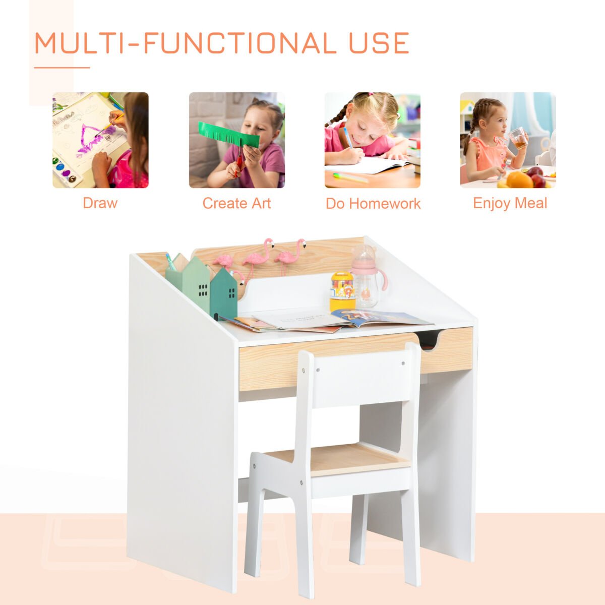 Kids Desk And Chair Set 2 Pieces Children Study Table With Storage Pull-Out Drawer Bookshelf For 3-6 Years Writing, Reading, Drawing - Image 5