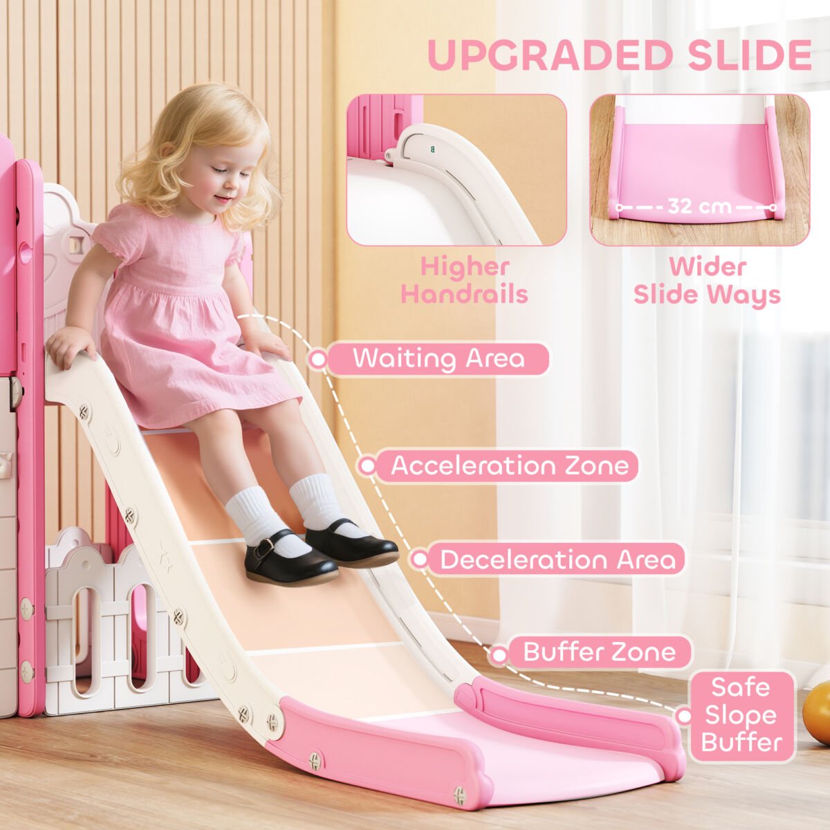 7 In 1 Toddler Slide Set With Basketball Hoop, Climbing Frame, Telescope, Drawing Board, Storage Box, Pink - Image 3