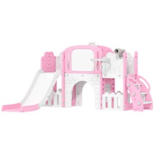 7 In 1 Toddler Slide Set With Basketball Hoop, Climbing Frame, Telescope, Drawing Board, Storage Box, Pink