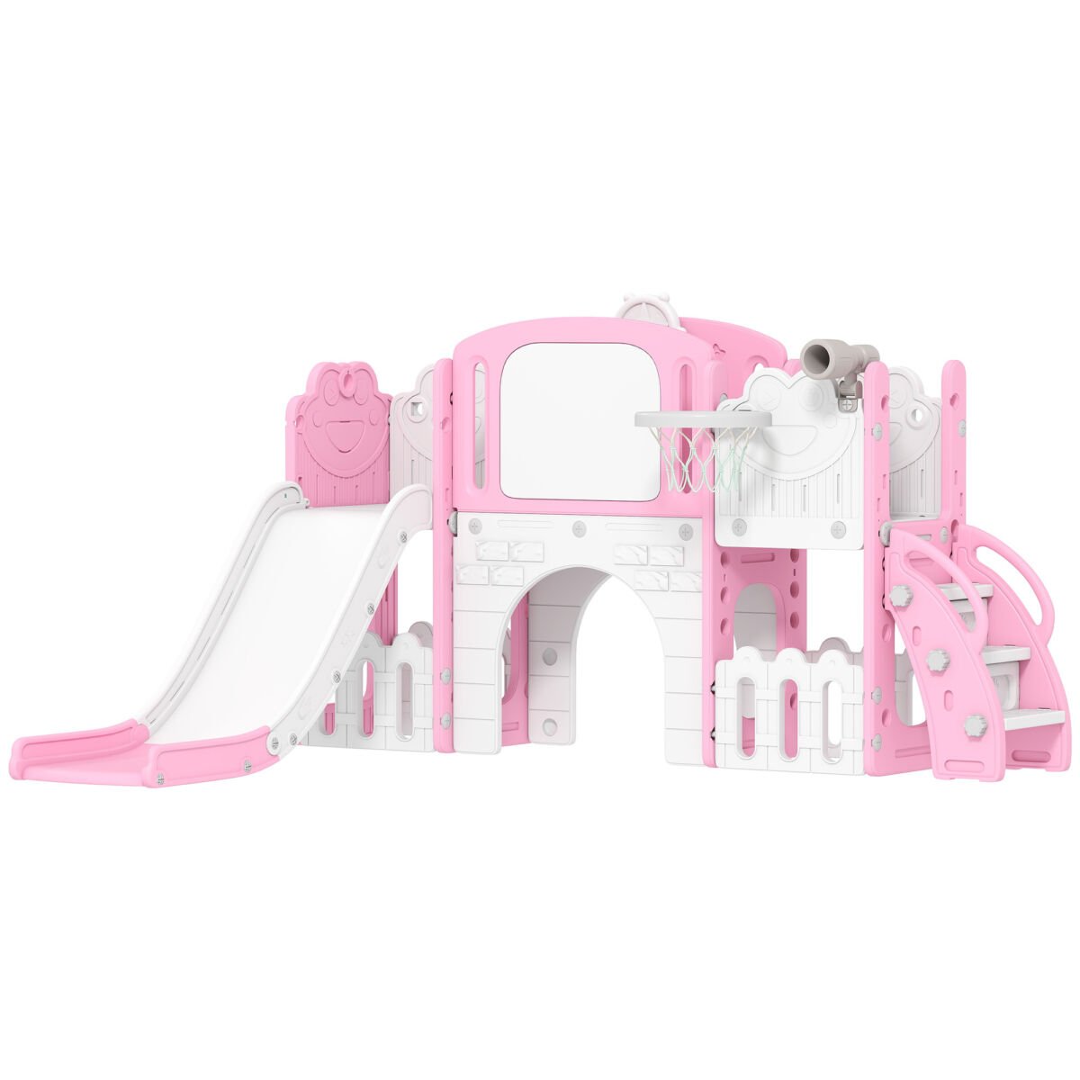 7 In 1 Toddler Slide Set With Basketball Hoop, Climbing Frame, Telescope, Drawing Board, Storage Box, Pink