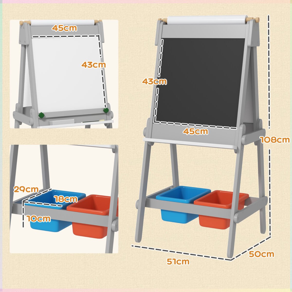 Art Easel For Kids With Paper Roll, Double-Sided Painting Easel With Chalkboard, Whiteboard - Image 4